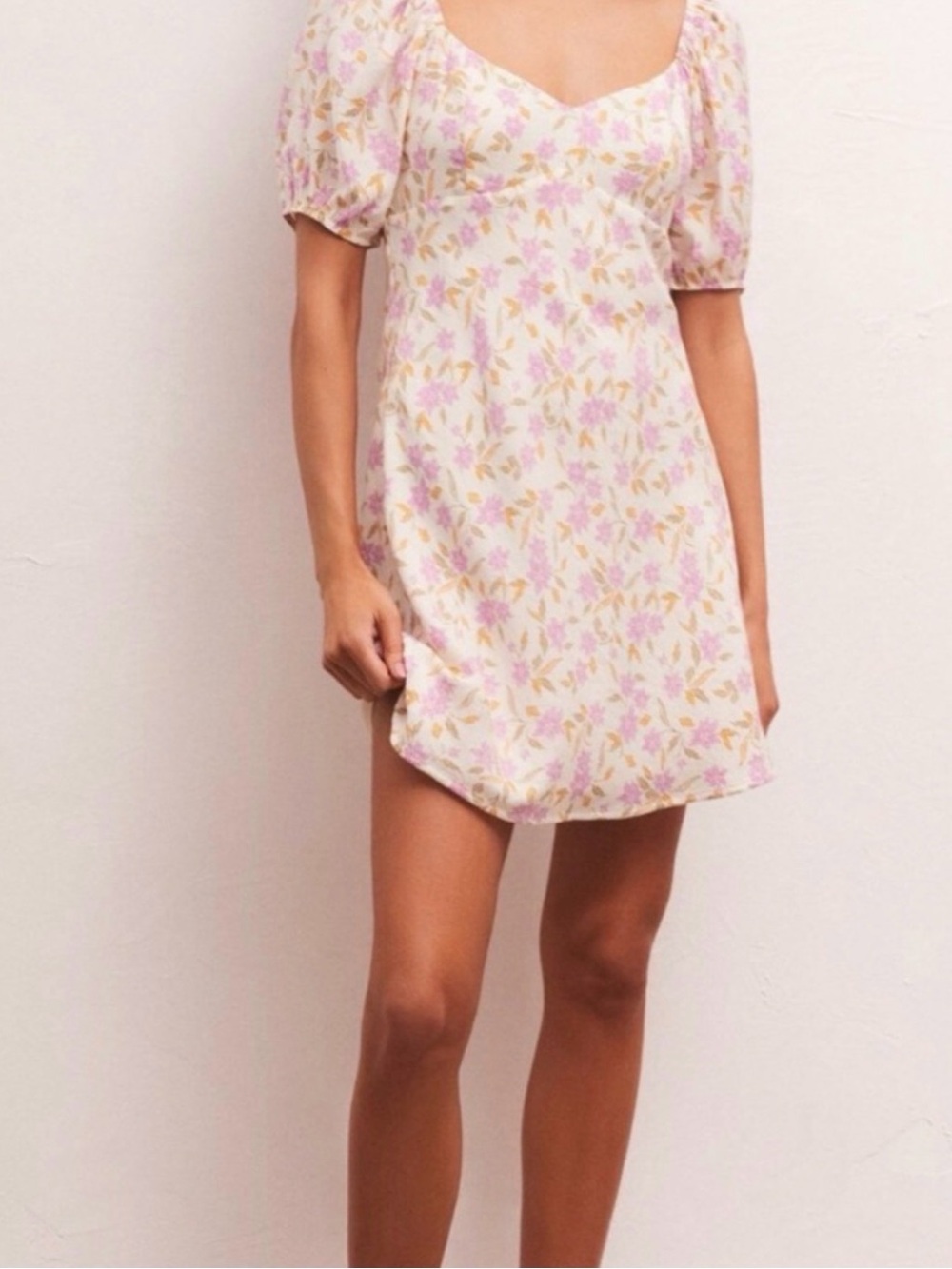 Z Supply Alaine Floral Puff-Sleeve Mini Dress in Cream and Lilac NWT